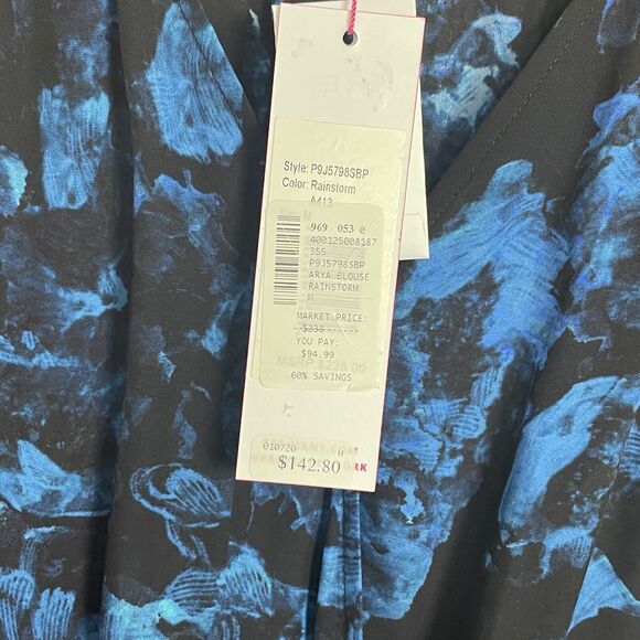 NWT‎ Parker NYC Silk Wrap Blouse M Teal Black Rainstorm Artsy Quiet Luxury - Picture 6 of 7